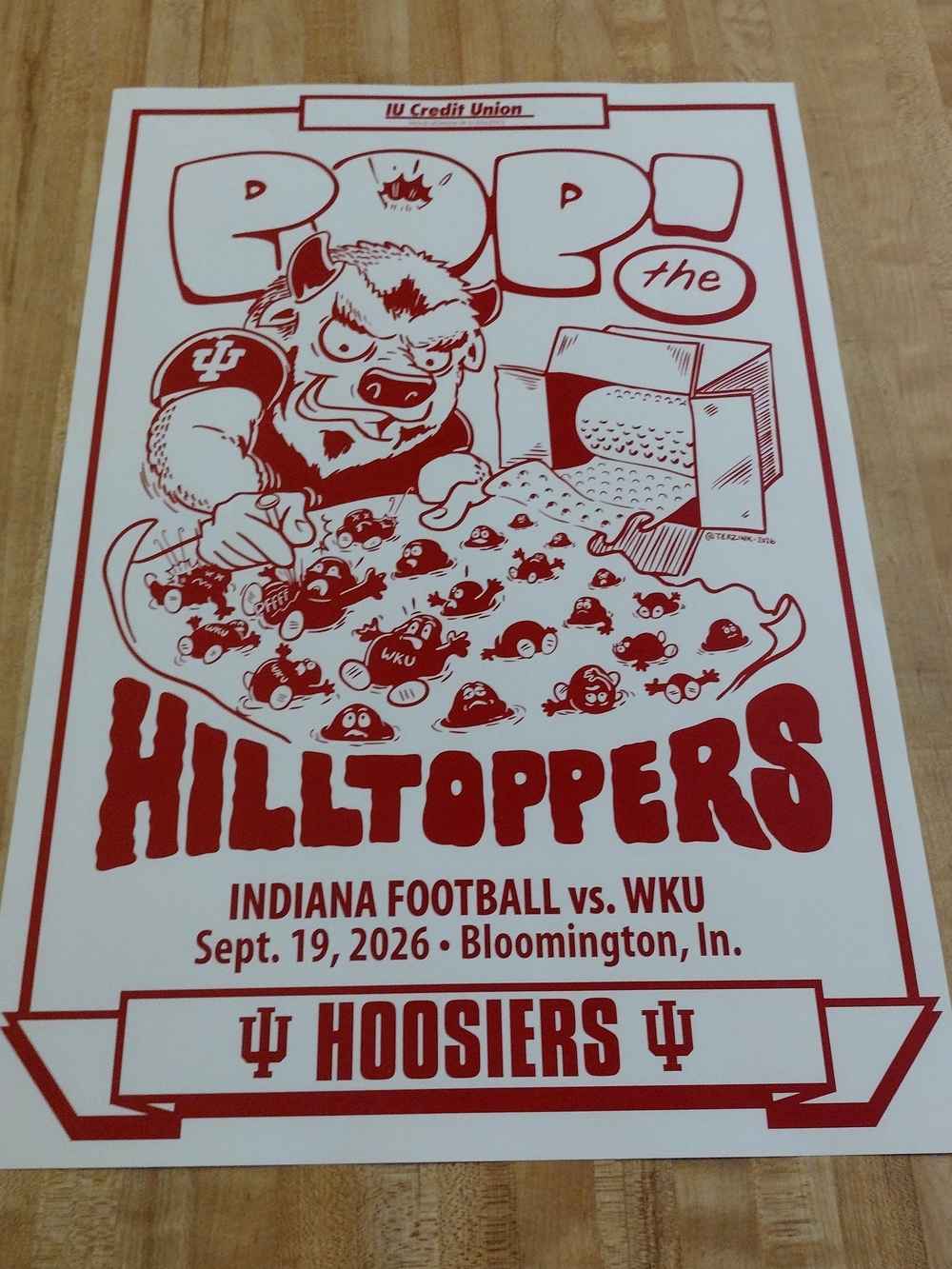 2026 Hoosiers Indiana University IU Football Week 3 Game Poster WKU Ships Flat!